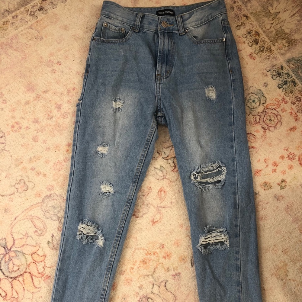 Petite Light Wash Distressed Mom Jeans